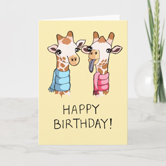 Cute Giraffes Scarves Drawing Happy Birthday Card (Front)