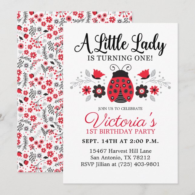 Cute Girl 1st Birthday Party Invitation (Front/Back)