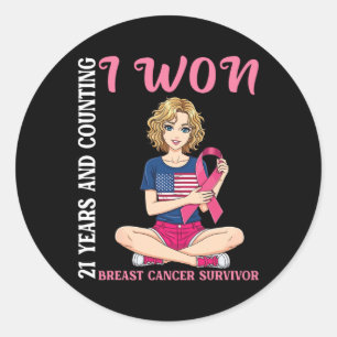 Cute Girl 21 Years And Counting I Won Breast Cance Classic Round Sticker
