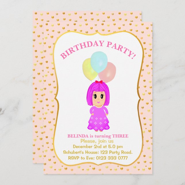 Cute Girl 3rd Birthday Invitation (Front/Back)