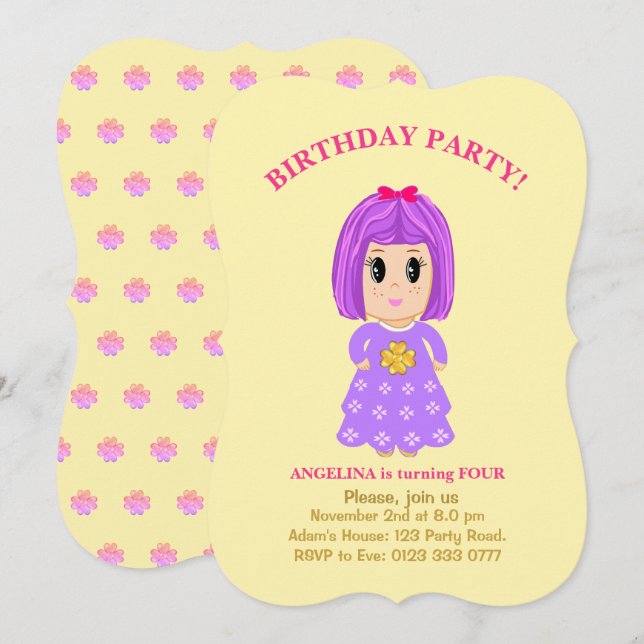 Cute Girl 4th Birthday Invitation (Front/Back)
