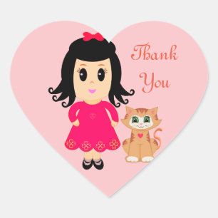 Cute girl & a ginger kitty cat on pink Thank You Heart Sticker