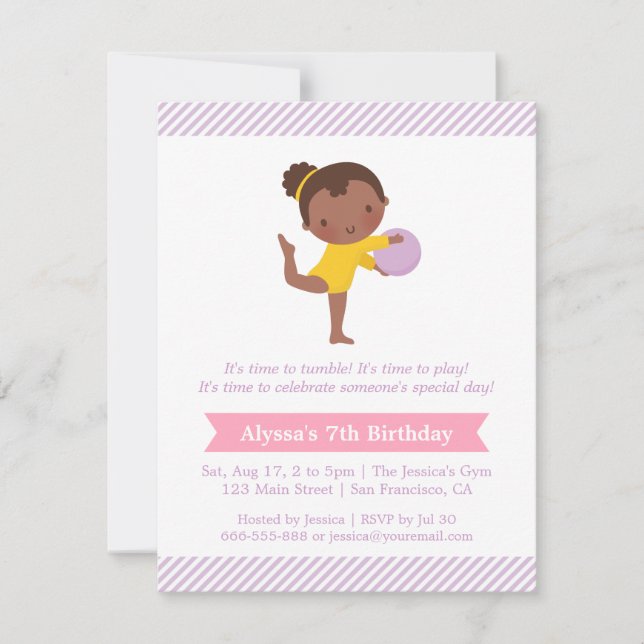 Cute Girl and Ball Gymnastics Kids Birthday Party Invitation (Front)