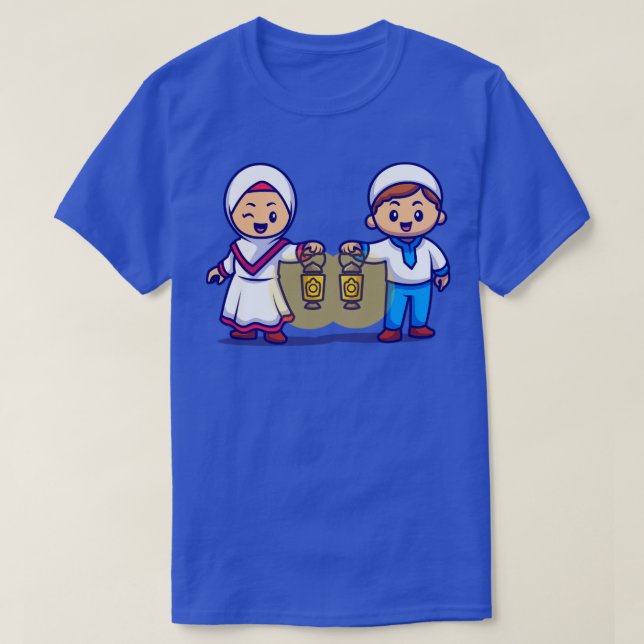 Cute Girl And Boy Moslem Bring Lantern Lamp Cartoo T-Shirt (Design Front)