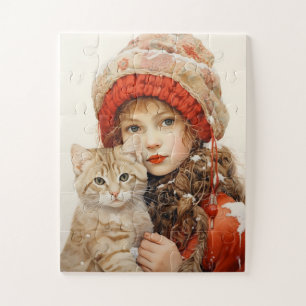 CUTE GIRL AND CAT ART JIGSAW PUZZLE