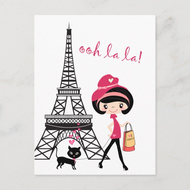 Cute Girl and Cat in Paris Eiffel Tower Postcard (Front)