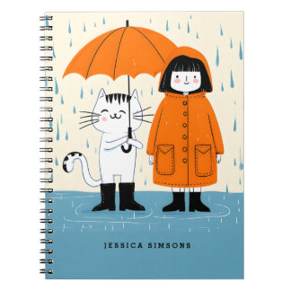 Cute Girl and Cat in the Rain – Whimsical Notebook