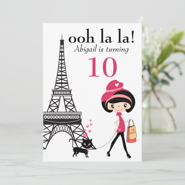 Cute Girl and Cat Paris Eiffel Tower Birthday Invitation (Standing Front)