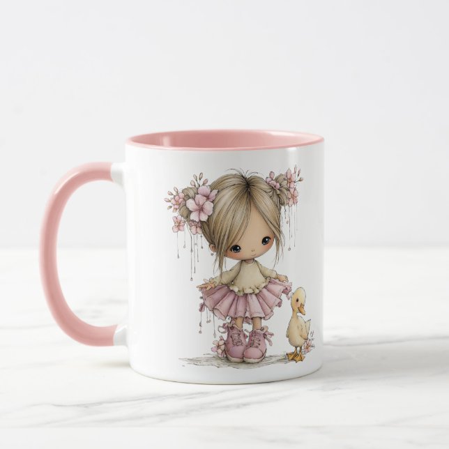 Cute Girl and Duckling Whimsical Nursery Art Mug (Left)