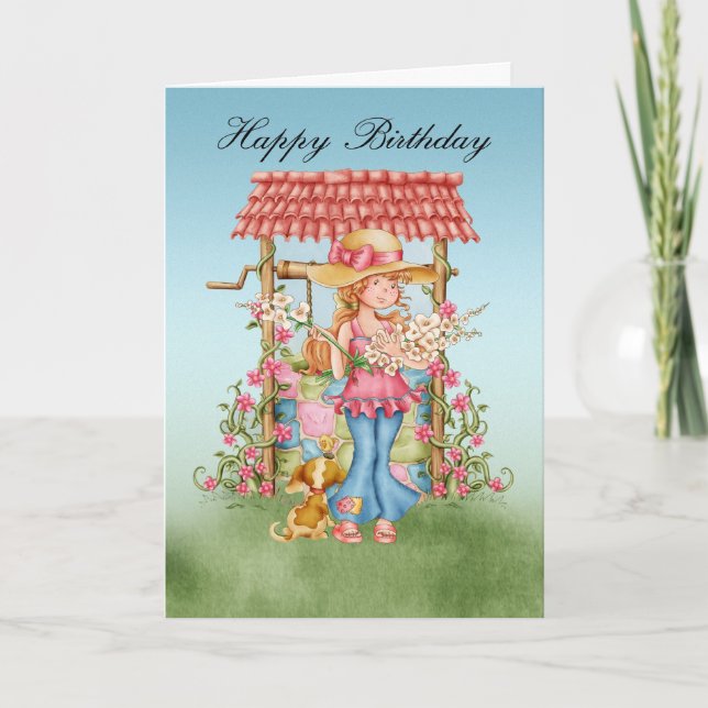 Cute Girl And Wishing Well Birthday Card - Happy B (Front)