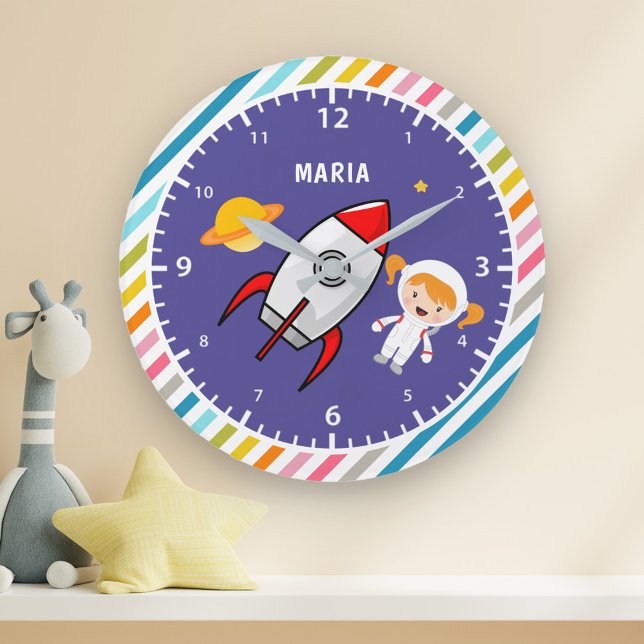 Cute Girl Astronaut Outer Space Rocket Kids Room Large Clock (Creator Uploaded)