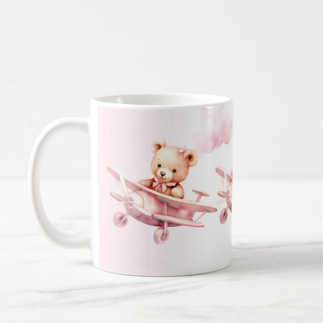Cute Girl Baby Bear Pilot Pink Aeroplane Beautiful Coffee Mug (Left)