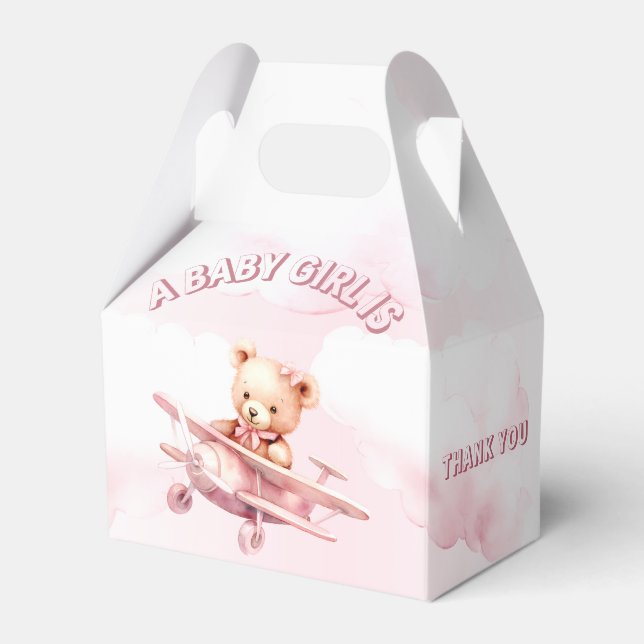 Cute Girl Baby Bear Pilot Pink Aeroplane Beautiful Favour Box (Front Side)