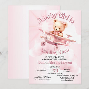 Cute Girl Baby Bear Pilot Pink Aeroplane Beautiful Invitation