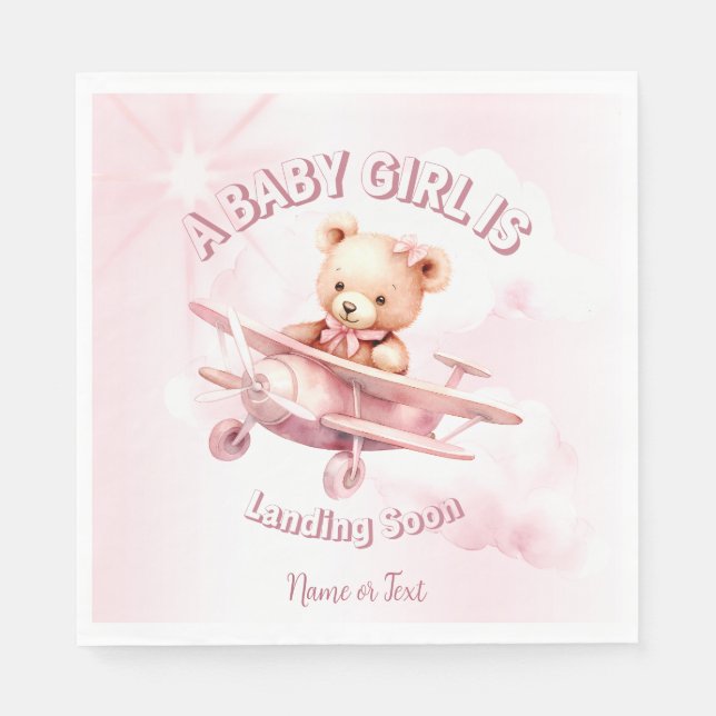 Cute Girl Baby Bear Pilot Pink Aeroplane Beautiful Napkin (Front)
