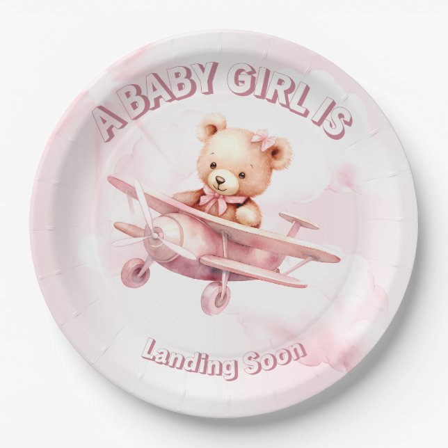 Cute Girl Baby Bear Pilot Pink Aeroplane Beautiful Paper Plate (Front)