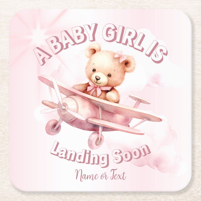 Cute Girl Baby Bear Pilot Pink Aeroplane Beautiful Square Paper Coaster (Front)