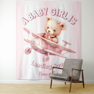 Cute Girl Baby Bear Pilot Pink Aeroplane Beautiful Tapestry