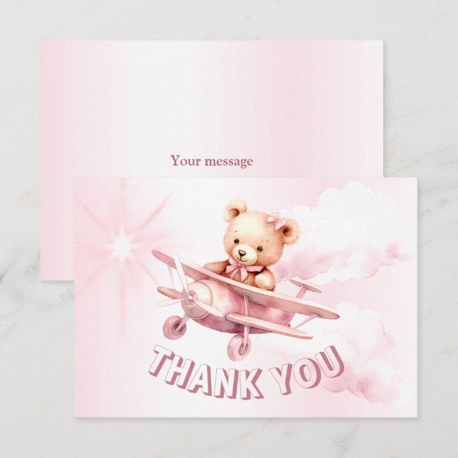 Cute Girl Baby Bear Pilot Pink Aeroplane Beautiful Thank You Card (Front/Back)