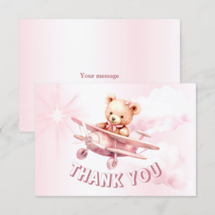 Cute Girl Baby Bear Pilot Pink Aeroplane Beautiful Thank You Card