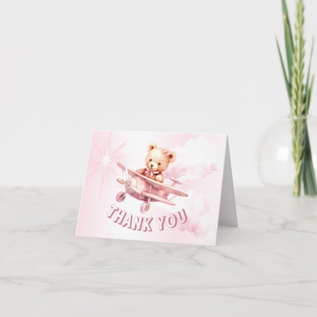 Cute Girl Baby Bear Pilot Pink Aeroplane Beautiful Thank You Card (Front)