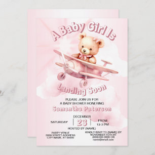 Cute Girl Baby Bear Pilot Pink Airplane Beautiful Invitation