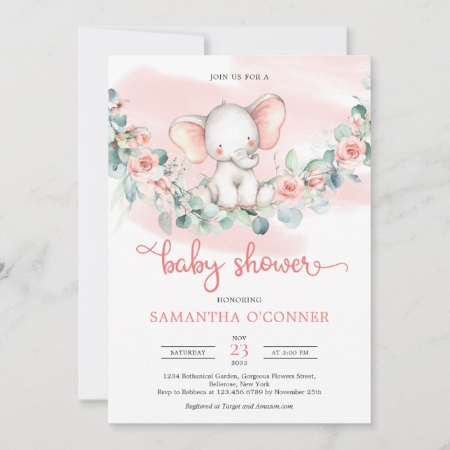 Cute girl baby elephant eucalyptus wreath blush invitation (Front)