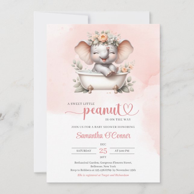 Cute girl baby elephant take a shower pink invitation (Front)
