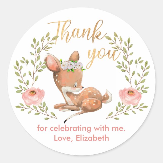 Cute Girl Baby Fawn Birthday Party Thank You  Classic Round Sticker (Front)