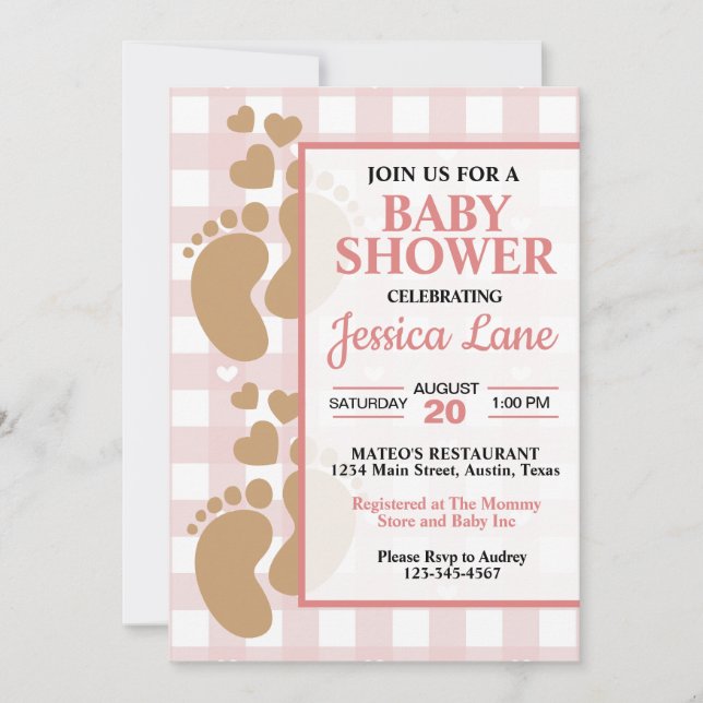 Cute Girl Baby Footprints with Hearts Shower Invitation (Front)