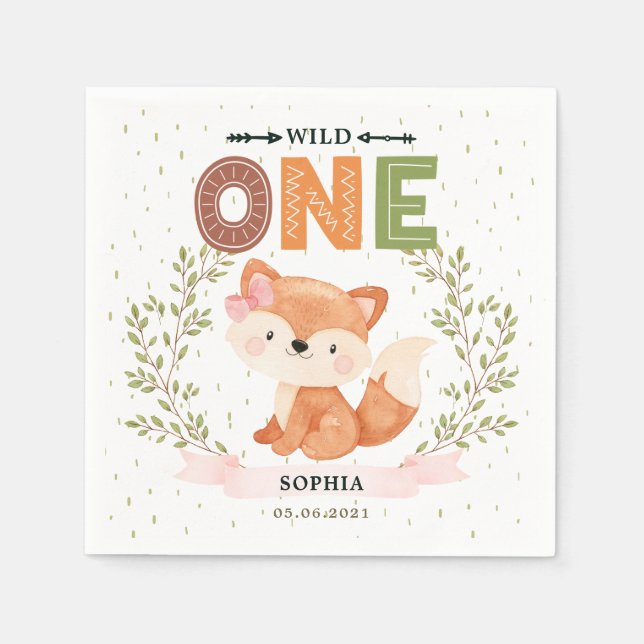 Cute Girl Baby Fox 1st Birthday Paper Napkin (Front)