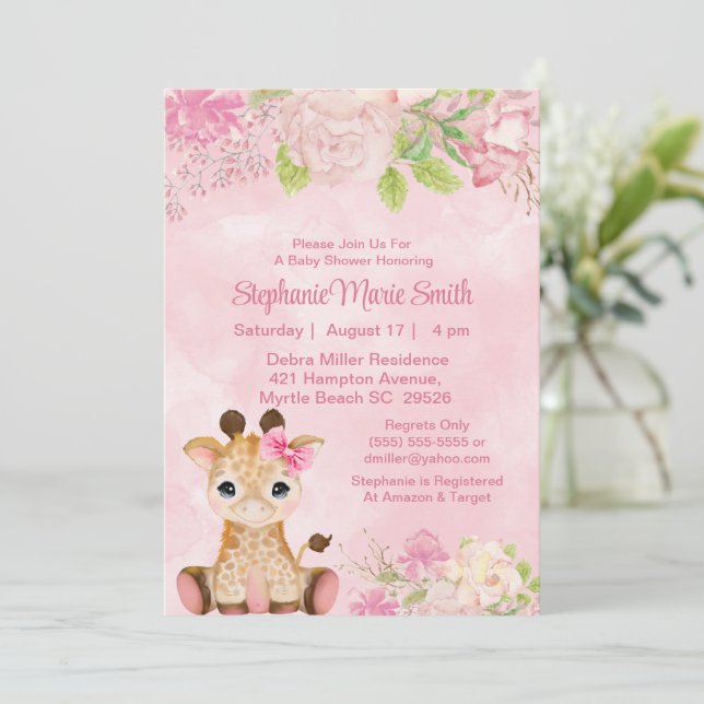 Cute Girl Baby Giraffe Pink Floral Baby Shower Invitation (Standing Front)