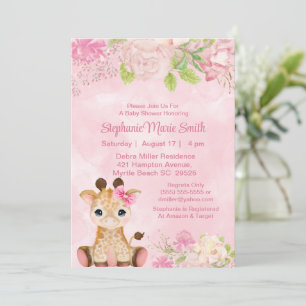 Cute Girl Baby Giraffe Pink Floral Baby Shower Invitation