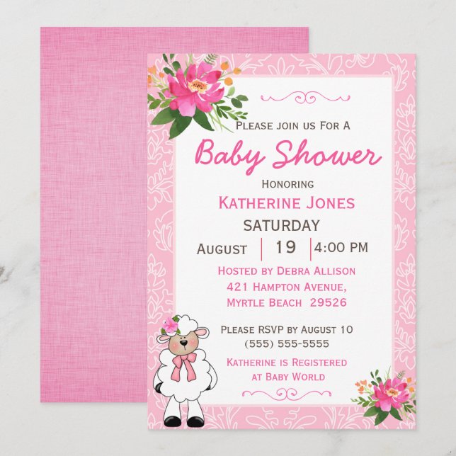 Cute Girl Baby Lamb Invitation (Front/Back)