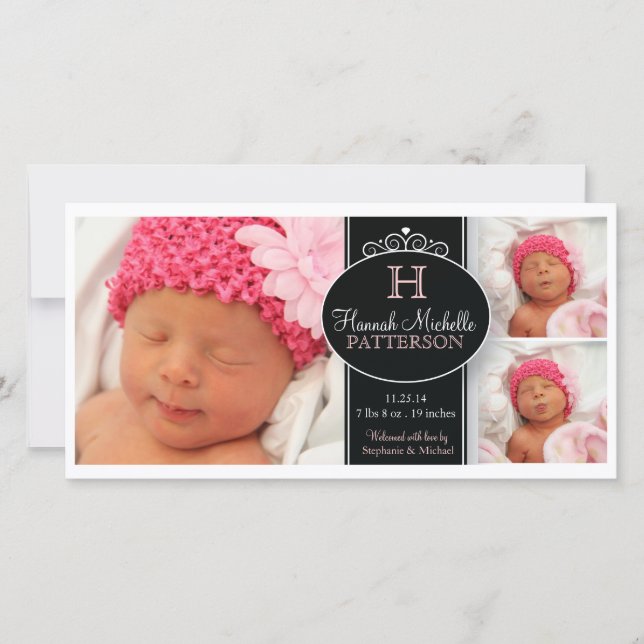 Cute Girl Baby Photo Monogram  Birth Announcement (Front)