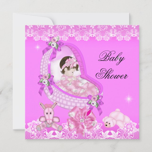 Cute Girl Baby Shower Party Pink White Lace Invitation (Front)