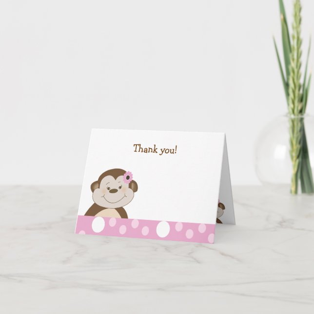 Cute Girl Bambino Monkey Pink Dot Thank you notes (Front)