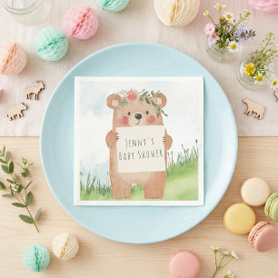 Cute girl Bear Baby Shower rustic woodland Napkin