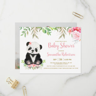 Cute Girl Bear Blush Pink Floral Baby Shower Photo Invitation Postcard