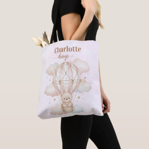 Cute Girl Bear Hot Air Balloon Monogrammed  Tote Bag