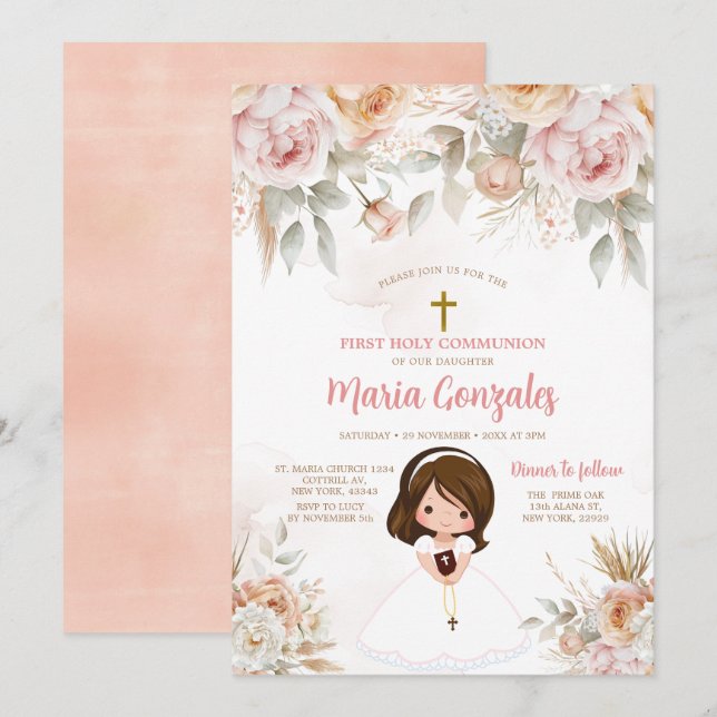 Cute Girl Bible First Holy Communion Peach Floral Invitation (Front/Back)