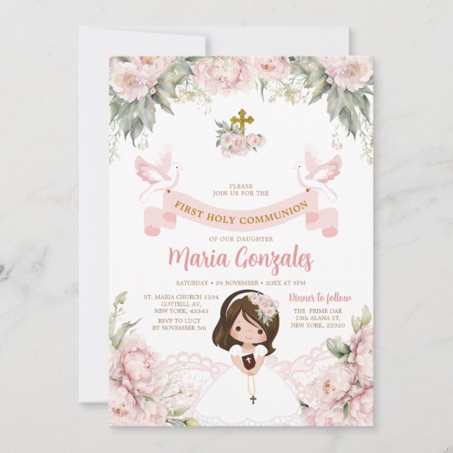 Cute Girl Bible First Holy Communion Pink Floral Invitation (Front)