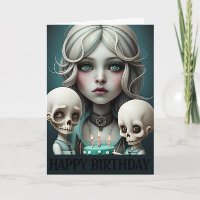 Cute girl birthday card skulls, humour, goth, emo (Front)