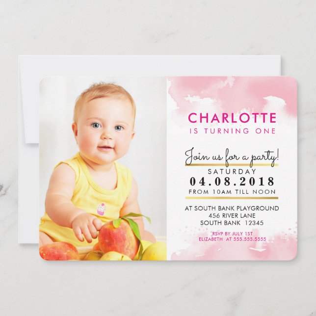 CUTE GIRL birthday party INVITE pink watercolor (Front)