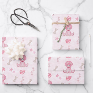 Cute Girl Birthday Pink Dinosaur Wrapping Paper Sheet