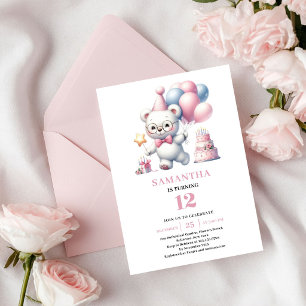 Cute Girl Birthday Teddy Bear Pink Ivory Balloons Invitation