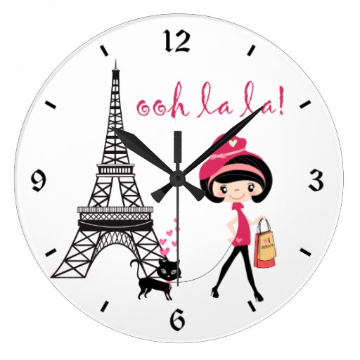 Image of Cute Girl, Black Cat with Eiffel Tower Paris Large Clock