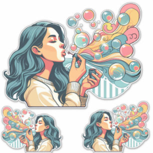 cute girl blowing bubbles cartoon illustration art