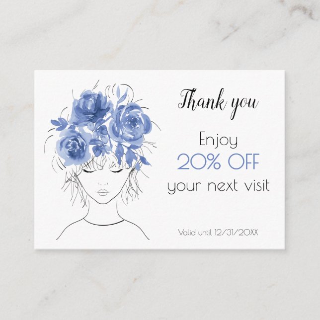 Cute girl blue watercolor roses floral discount card (Front)