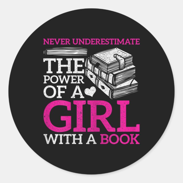 cute girl book lover power word art classic round sticker (Front)